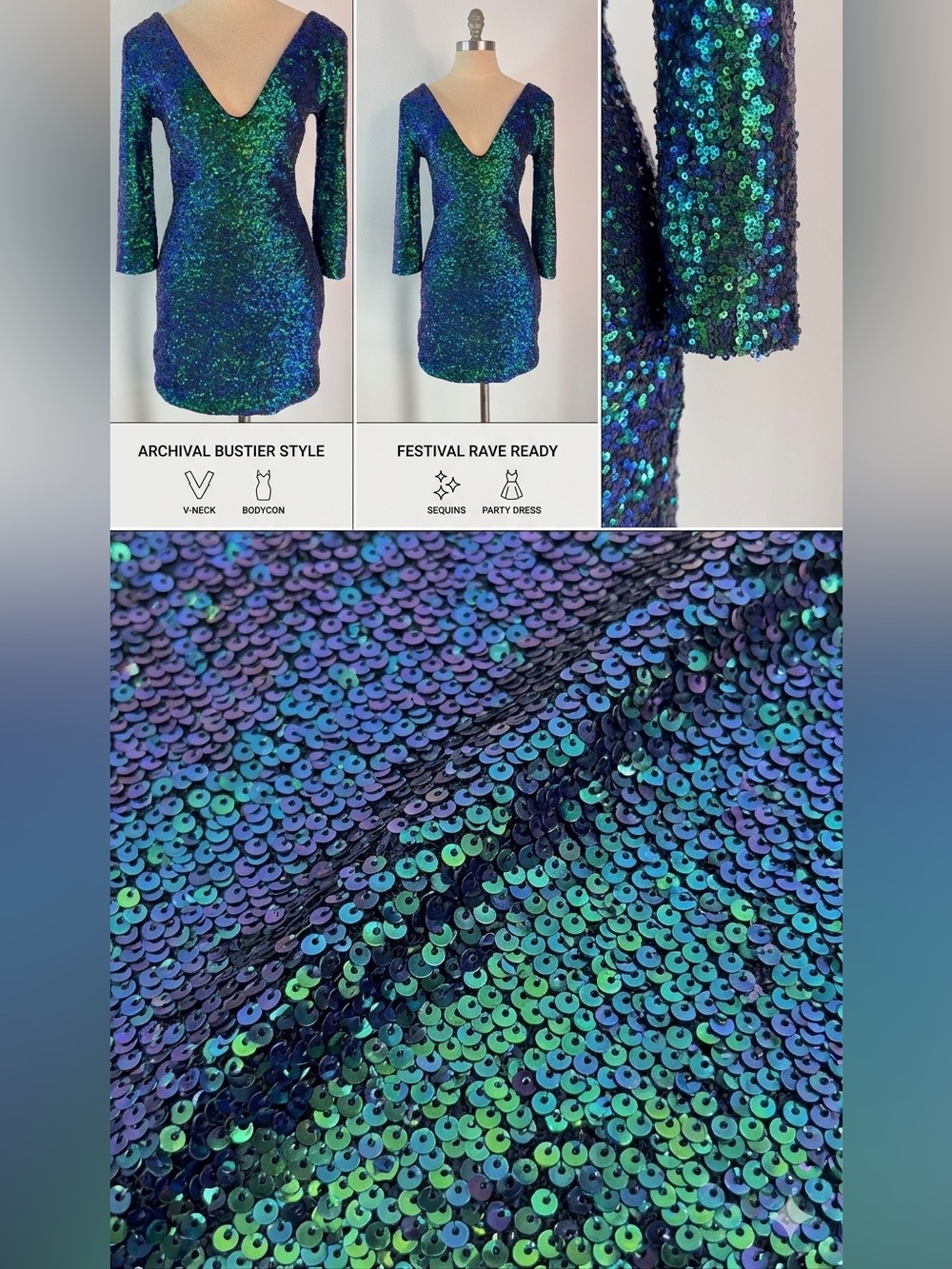 Iridescent Sequin Bodycon Mini Dress Blue Green Shift‎ Plunge Vneck Mermaid Med